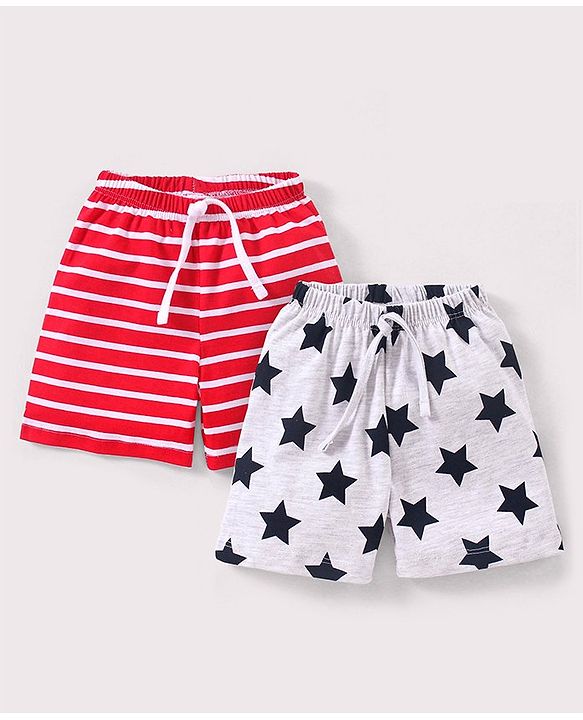Babyhug Cotton  Mid Thigh Length Shorts Striped Pack of 2 - Red & Grey