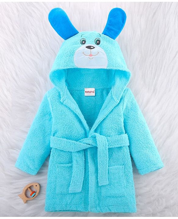 Babyhug  Terry Full Sleeves Hooded Bath Robe Dog  Embroidered - Blue