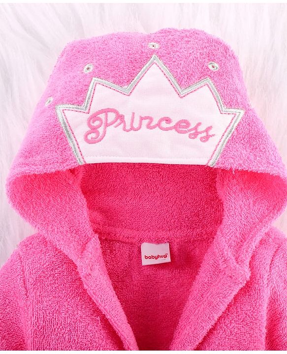 Babyhug Woven Terry Full Sleeves Hooded Bath Robe Princess Patch - Pink