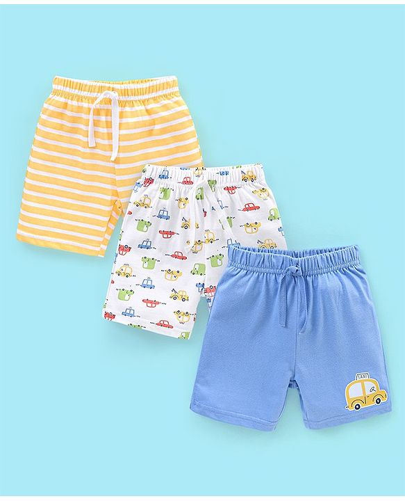 Babyhug Cotton Shorts Striped & Taxi Printed Pack of 3 - Yellow White & Blue
