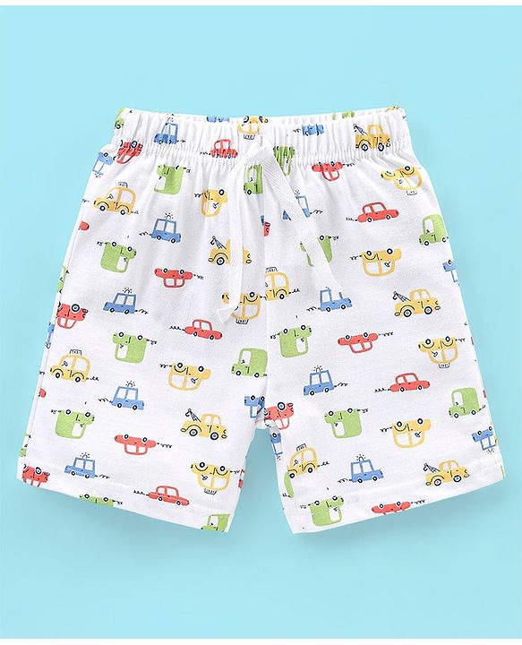 Babyhug Cotton Shorts Striped & Taxi Printed Pack of 3 - Yellow White & Blue