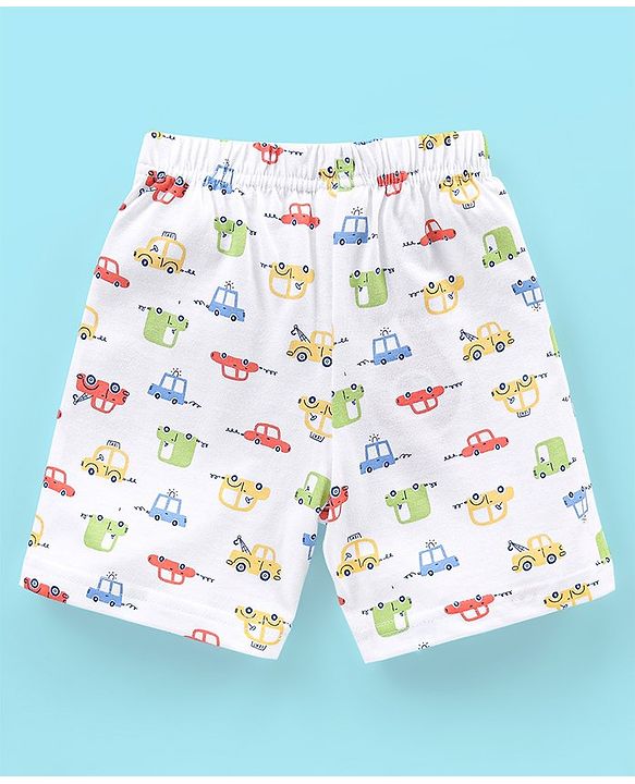 Babyhug Cotton Shorts Striped & Taxi Printed Pack of 3 - Yellow White & Blue