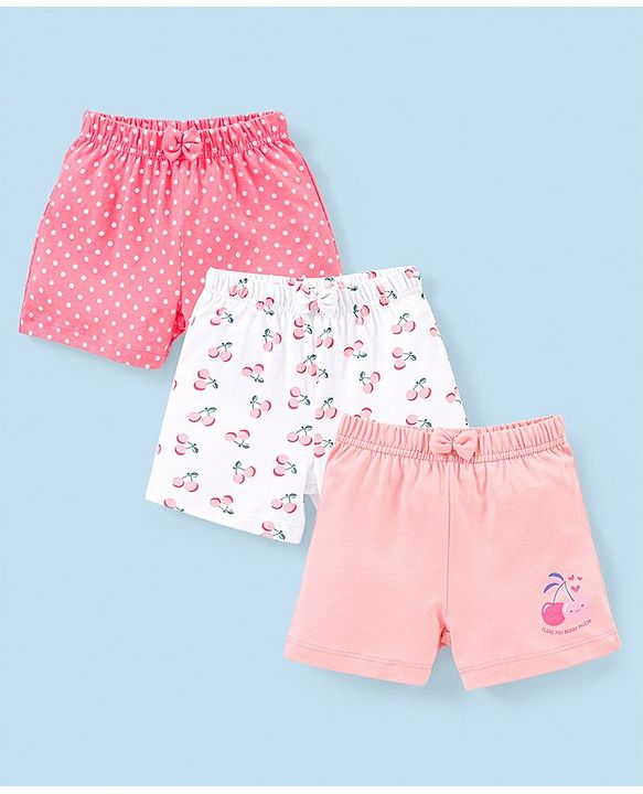 Babyhug Cotton Mid Thigh Length Shorts Polka Dots & Cherry Printed Pack of 3 - Pink White & Peach