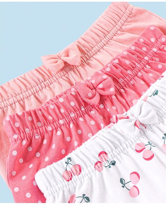 Babyhug Cotton Mid Thigh Length Shorts Polka Dots & Cherry Printed Pack of 3 - Pink White & Peach