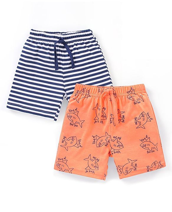 Babyhug Cotton Knit Mid Thigh Shorts Striped & Shark Print Pack of 2 - Navy Blue & Orange