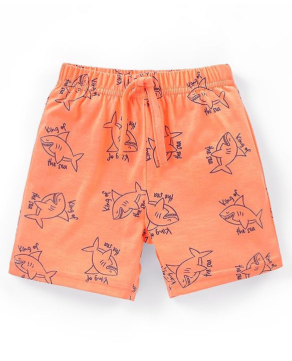 Babyhug Cotton Knit Mid Thigh Shorts Striped & Shark Print Pack of 2 - Navy Blue & Orange