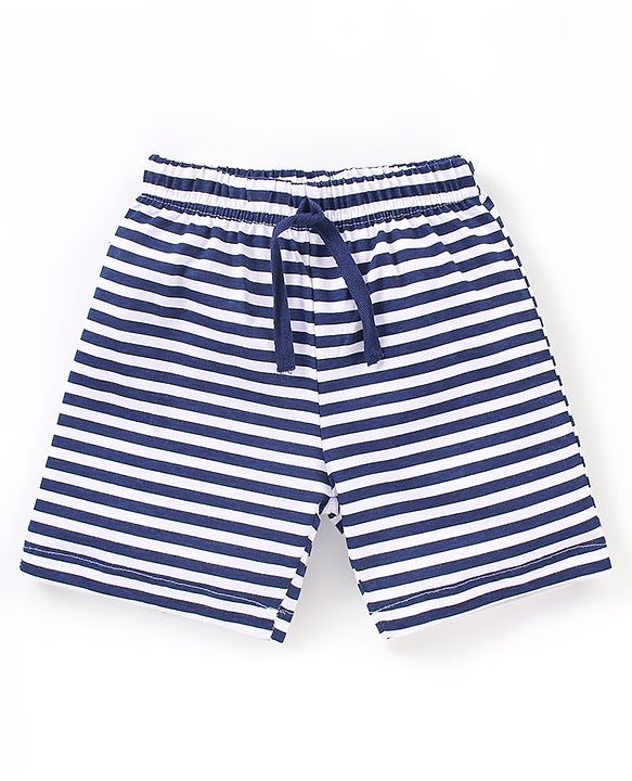 Babyhug Cotton Knit Mid Thigh Shorts Striped & Shark Print Pack of 2 - Navy Blue & Orange