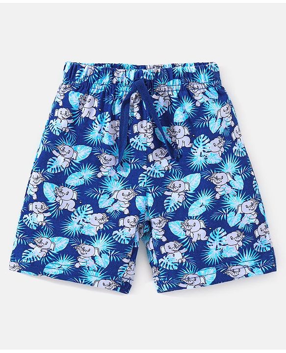 Babyhug Cotton Mid Thigh Length Elephant Print Shorts - Navy Blue
