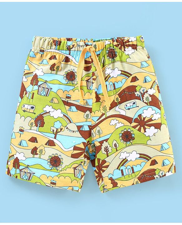 Babyhug Cotton  Mid Thigh Length Shorts Scenic Printed - Green & Blue