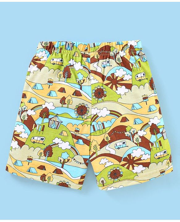 Babyhug Cotton  Mid Thigh Length Shorts Scenic Printed - Green & Blue