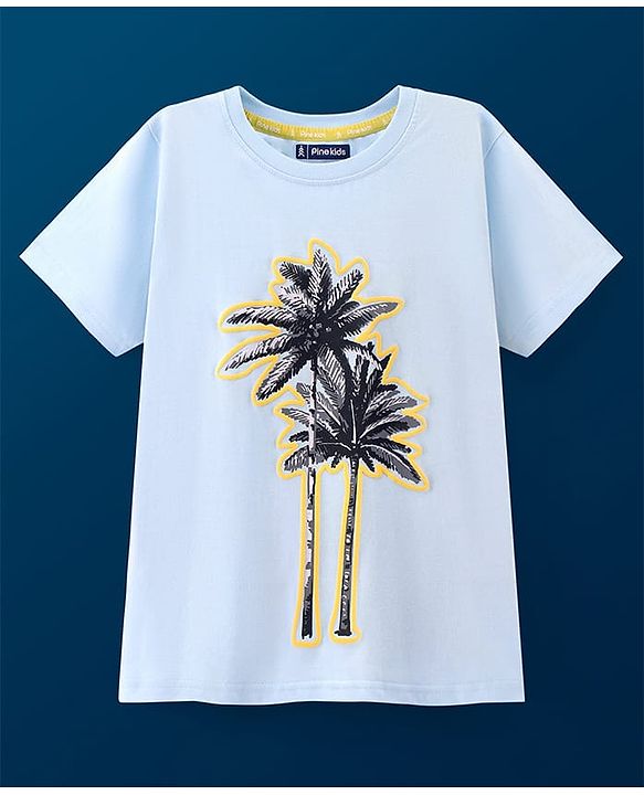 Pine Kids Half Sleeves Puff Print Bio Wash T-Shirt - Light Blue