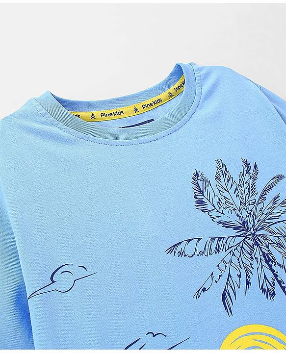 Pine Kids 100% Cotton Half Sleeves Biowashed T-Shirt Beach Print - Blue