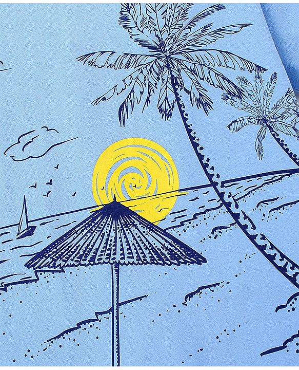 Pine Kids 100% Cotton Half Sleeves Biowashed T-Shirt Beach Print - Blue