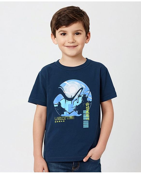 Pine Kids 100% Cotton Knit Half Sleeves Bio Washed T-Shirt Street Theme Print - Blue