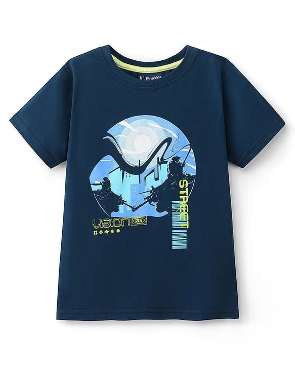 Pine Kids 100% Cotton Knit Half Sleeves Bio Washed T-Shirt Street Theme Print - Blue