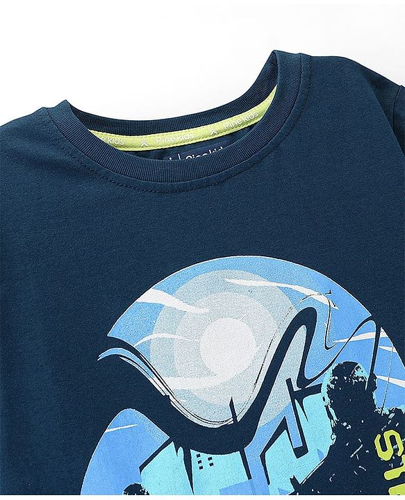 Pine Kids 100% Cotton Knit Half Sleeves Bio Washed T-Shirt Street Theme Print - Blue