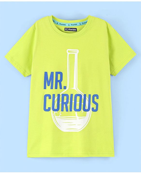 Pine Kids 100% Cotton Half Sleeves Biowashed T-Shirt Text Print - Lime Green