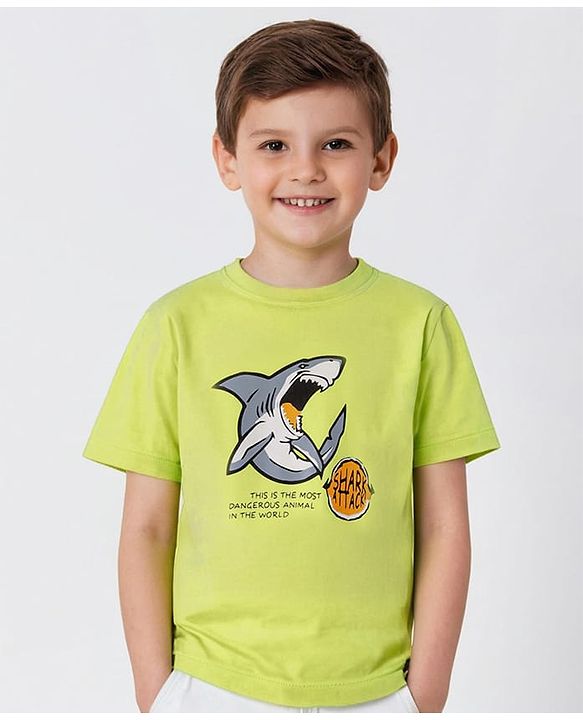 Pine Kids 100% Cotton Half Sleeves Biowashed T-Shirt Shark Print - Lime Green