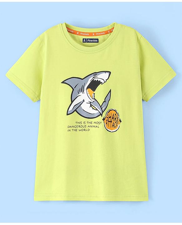 Pine Kids 100% Cotton Half Sleeves Biowashed T-Shirt Shark Print - Lime Green