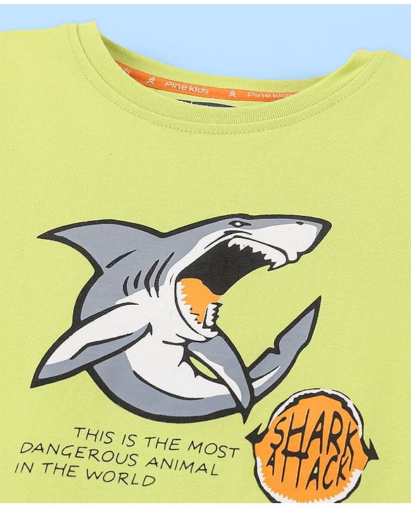 Pine Kids 100% Cotton Half Sleeves Biowashed T-Shirt Shark Print - Lime Green