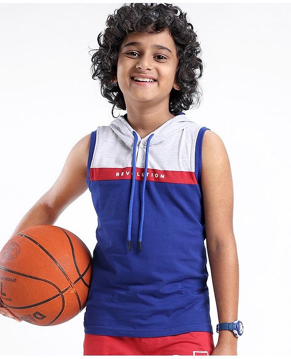 Pine Kids 100% Cotton Sleeveless Hooded Biowashed T-Shirt Colour Block Pattern - Limoges Blue