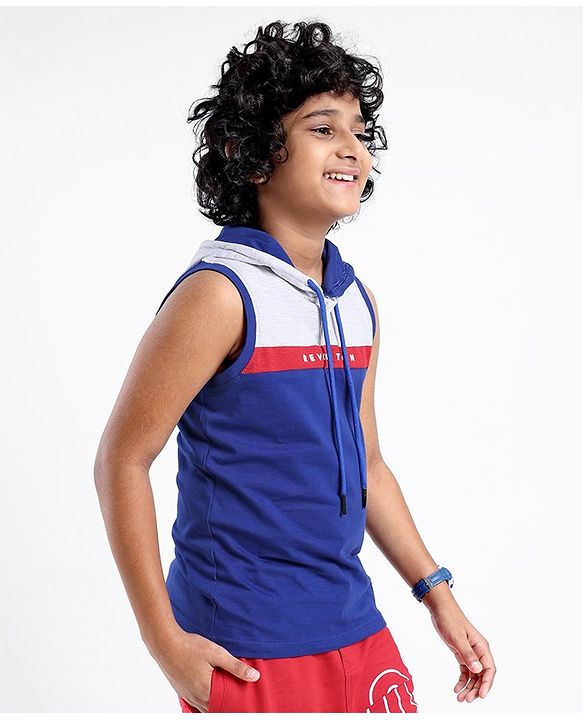 Pine Kids 100% Cotton Sleeveless Hooded Biowashed T-Shirt Colour Block Pattern - Limoges Blue