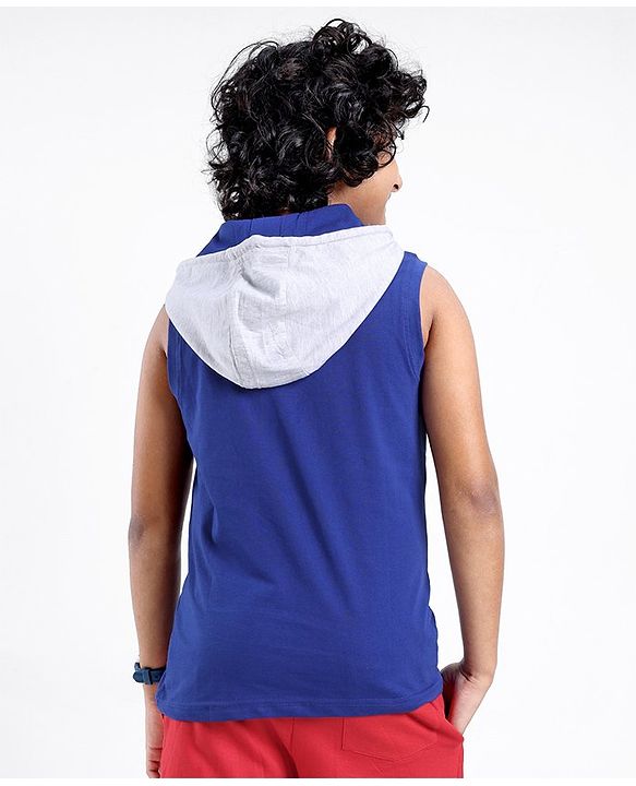 Pine Kids 100% Cotton Sleeveless Hooded Biowashed T-Shirt Colour Block Pattern - Limoges Blue