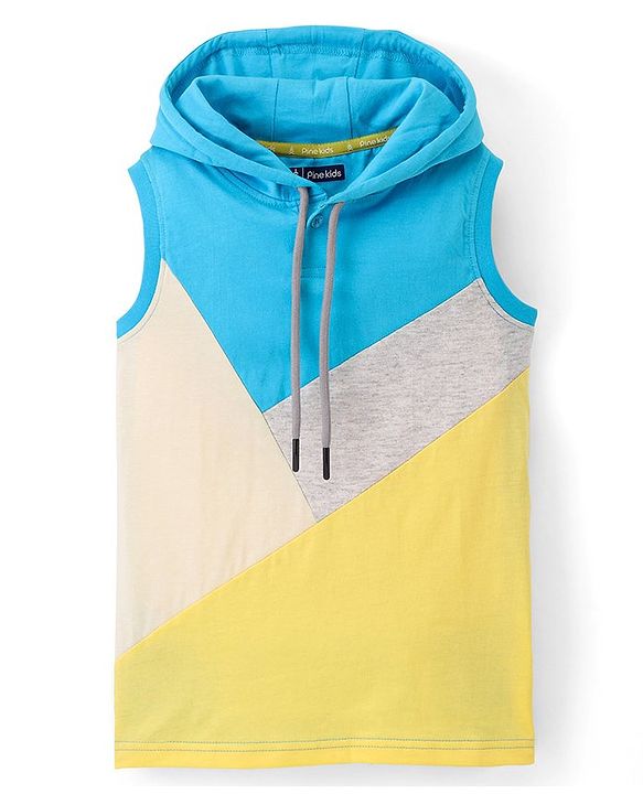 Pine Kids 100% Cotton Bio Washed Sleeveless Hooded T-Shirt Color Block- Blue & Yellow