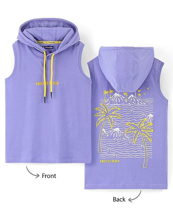 Pine Kids 100% Cotton Bio Washed Sleeveless Hooded T-Shirt With Embroidery- Purple