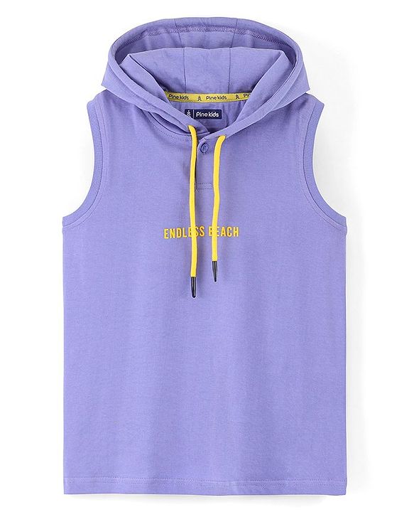 Pine Kids 100% Cotton Bio Washed Sleeveless Hooded T-Shirt With Embroidery- Purple