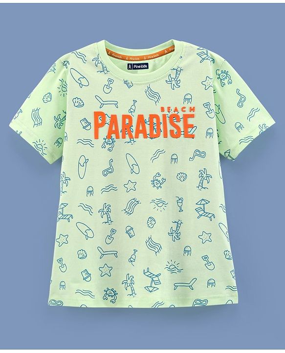Pine Kids 100% Cotton Biowashed Half Sleeves T-Shirt Text & Surf Print - Green