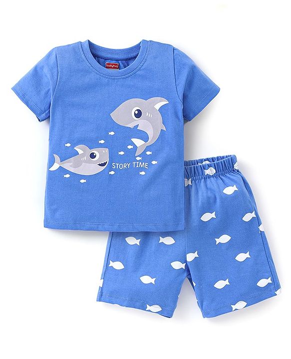Babyhug Cotton Half Sleeves Night Suit Shark Print - Blue