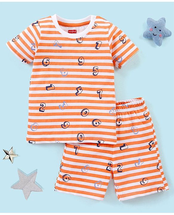 Babyhug Cotton Knit Half Sleeves Striped Night Suit Numbers Print - White & Orange