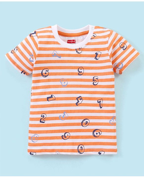 Babyhug Cotton Knit Half Sleeves Striped Night Suit Numbers Print - White & Orange