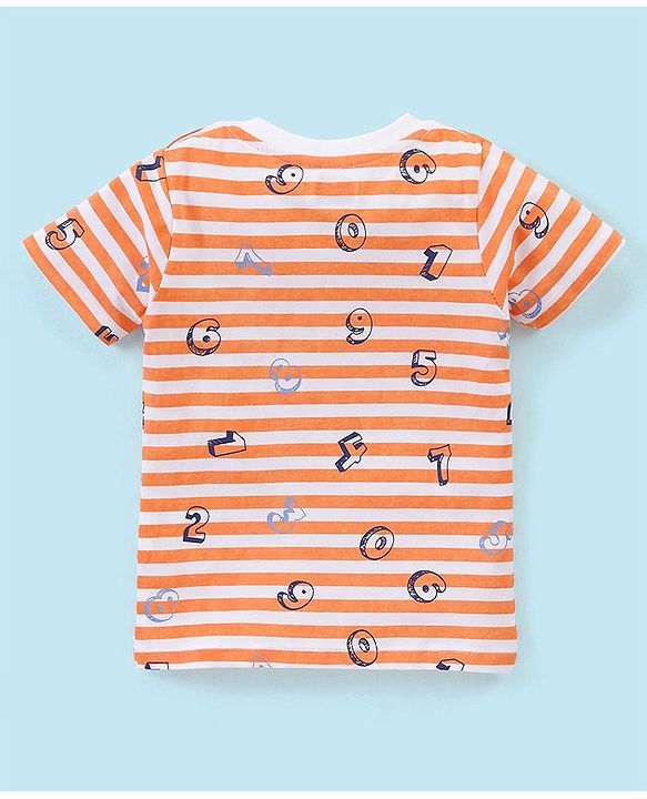Babyhug Cotton Knit Half Sleeves Striped Night Suit Numbers Print - White & Orange