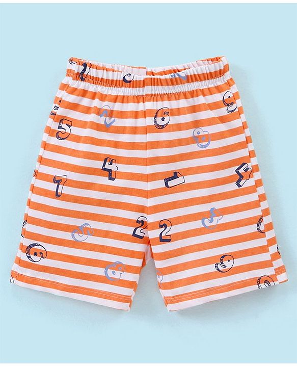 Babyhug Cotton Knit Half Sleeves Striped Night Suit Numbers Print - White & Orange