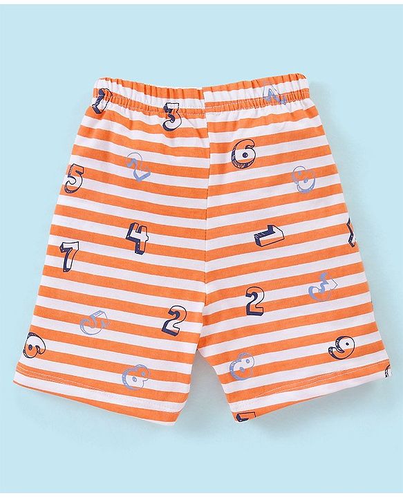 Babyhug Cotton Knit Half Sleeves Striped Night Suit Numbers Print - White & Orange