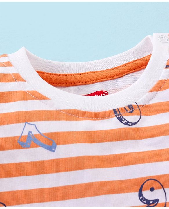 Babyhug Cotton Knit Half Sleeves Striped Night Suit Numbers Print - White & Orange