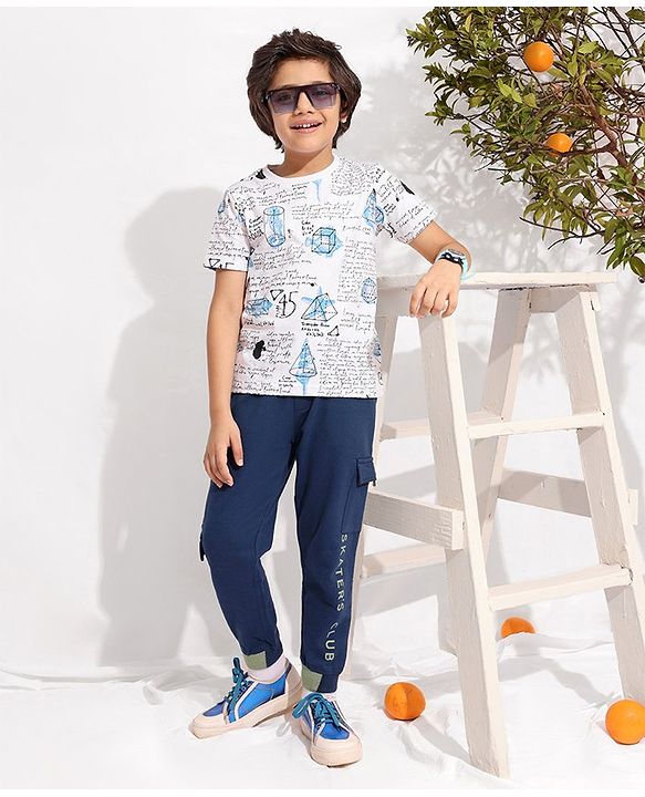 Pine Kids 100% Cotton Knit Half Sleeves Text Printed Biowashed T-Shirt - White & Blue