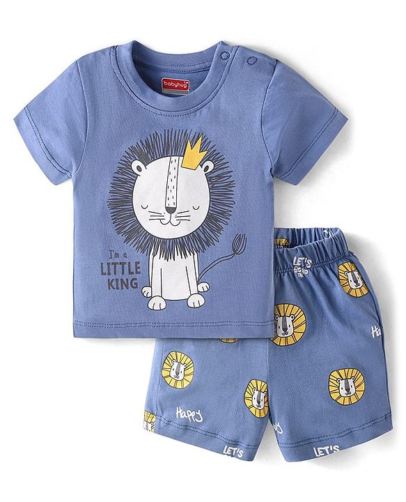 Babyhug Cotton Knit Half Sleeves Lion Printed Night Suit - Blue