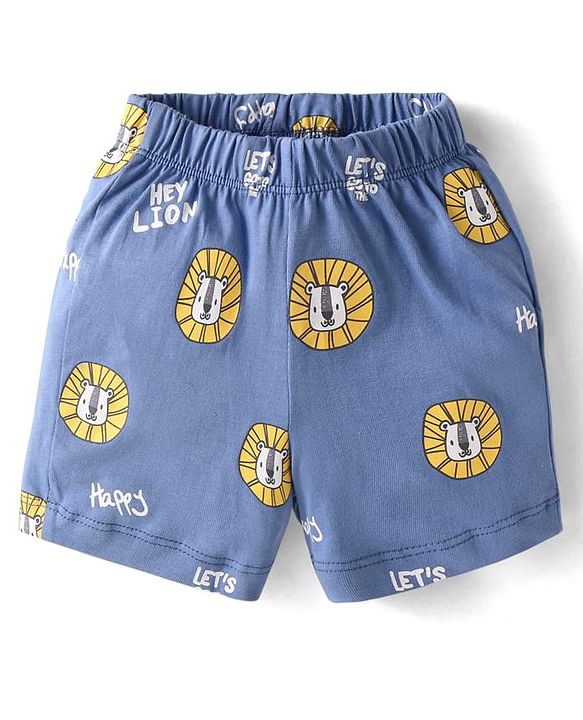 Babyhug Cotton Knit Half Sleeves Lion Printed Night Suit - Blue