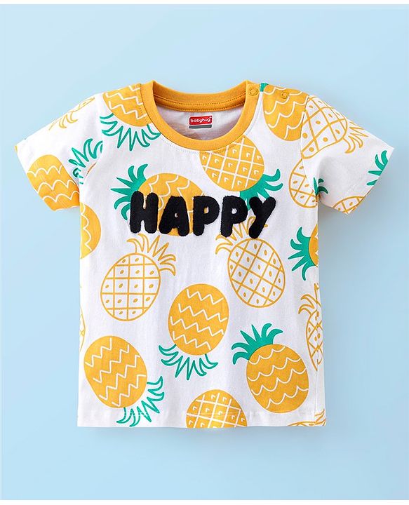 Babyhug Cotton Half Sleeves T-Shirt With Pineapple Print & Happy Embellished - Yellow & White