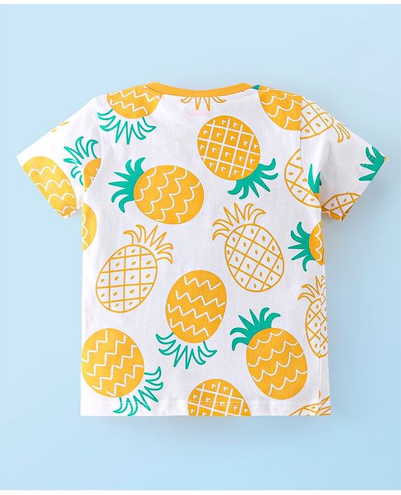 Babyhug Cotton Half Sleeves T-Shirt With Pineapple Print & Happy Embellished - Yellow & White