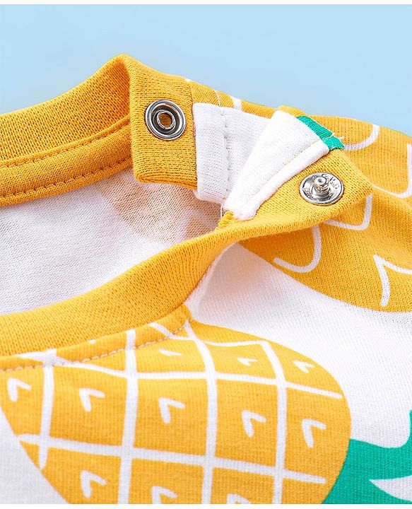 Babyhug Cotton Half Sleeves T-Shirt With Pineapple Print & Happy Embellished - Yellow & White
