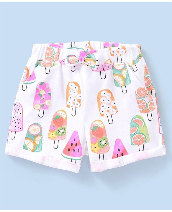 Babyhug Cotton Mid Thigh Length Fuits Printed Shorts - White