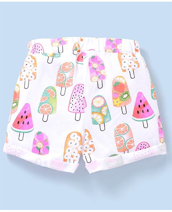 Babyhug Cotton Mid Thigh Length Fuits Printed Shorts - White