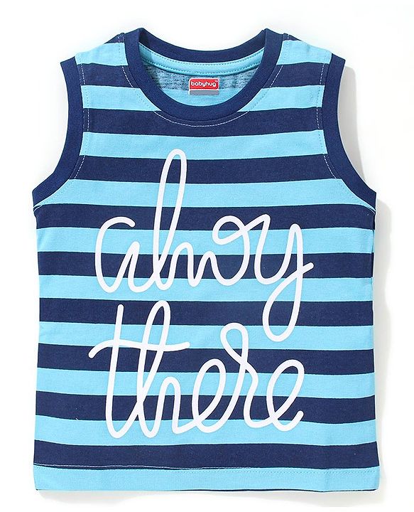 Babyhug Cotton Sleeveless Striped T-Shirt With Text Print- Blue
