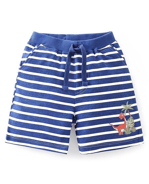 Babyhug Cotton Mid Thigh Length Shorts Dino Print - White & Navy Blue