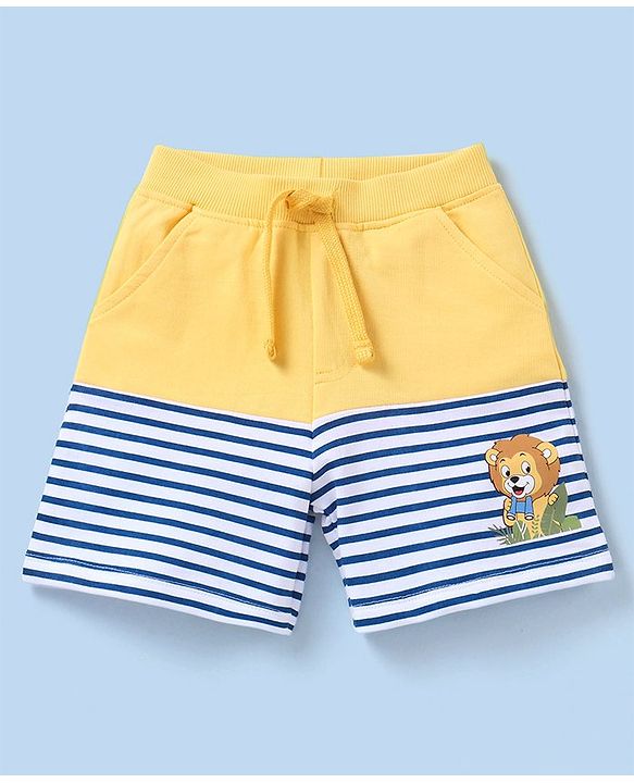 Babyhug Cotton Knit Mid Thigh Length Shorts Striped & Lion  Print - Yellow & Blue