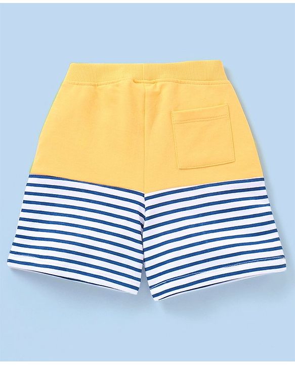 Babyhug Cotton Knit Mid Thigh Length Shorts Striped & Lion  Print - Yellow & Blue